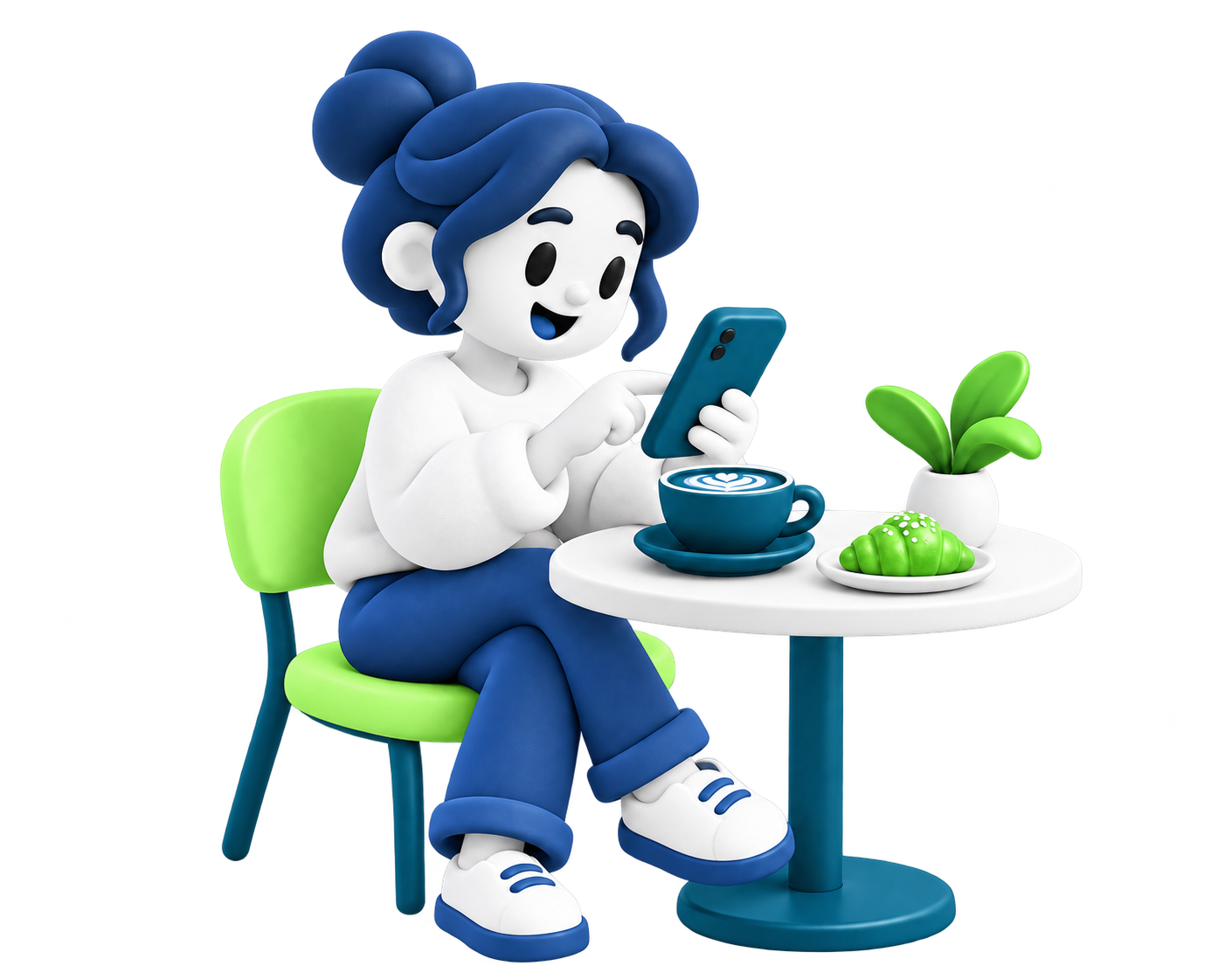 3D cartoon guest browsing a menu on a phone at a café table